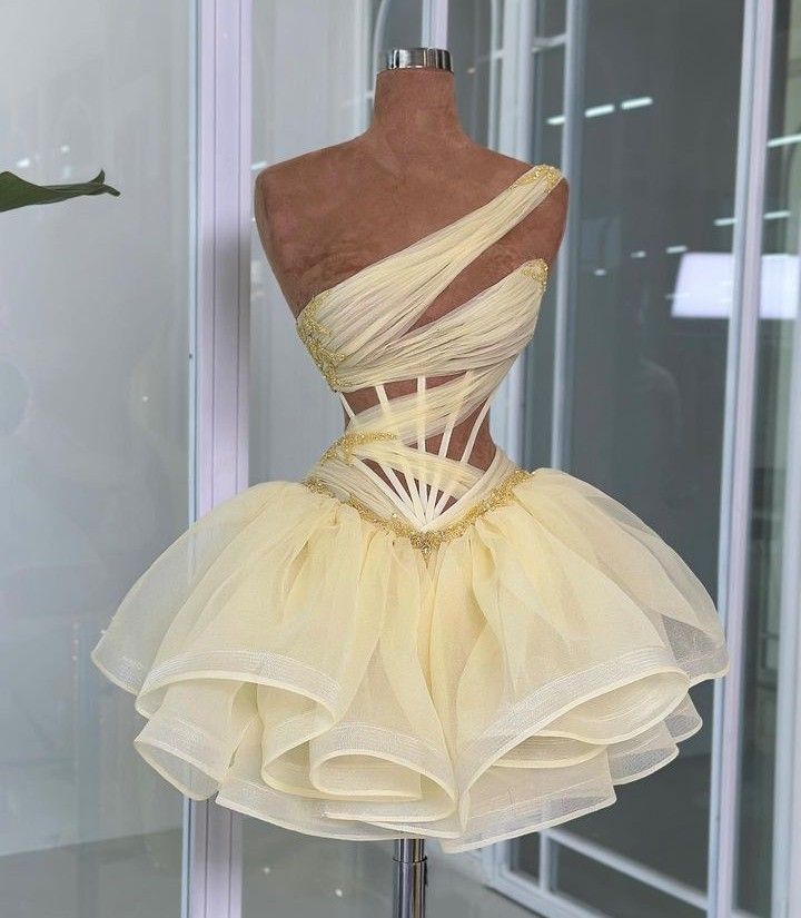 Unique Ball Gown One Shoulder With Beading Yellow Mini Short Court Homecoming Dresses Hoco Gown MP1369