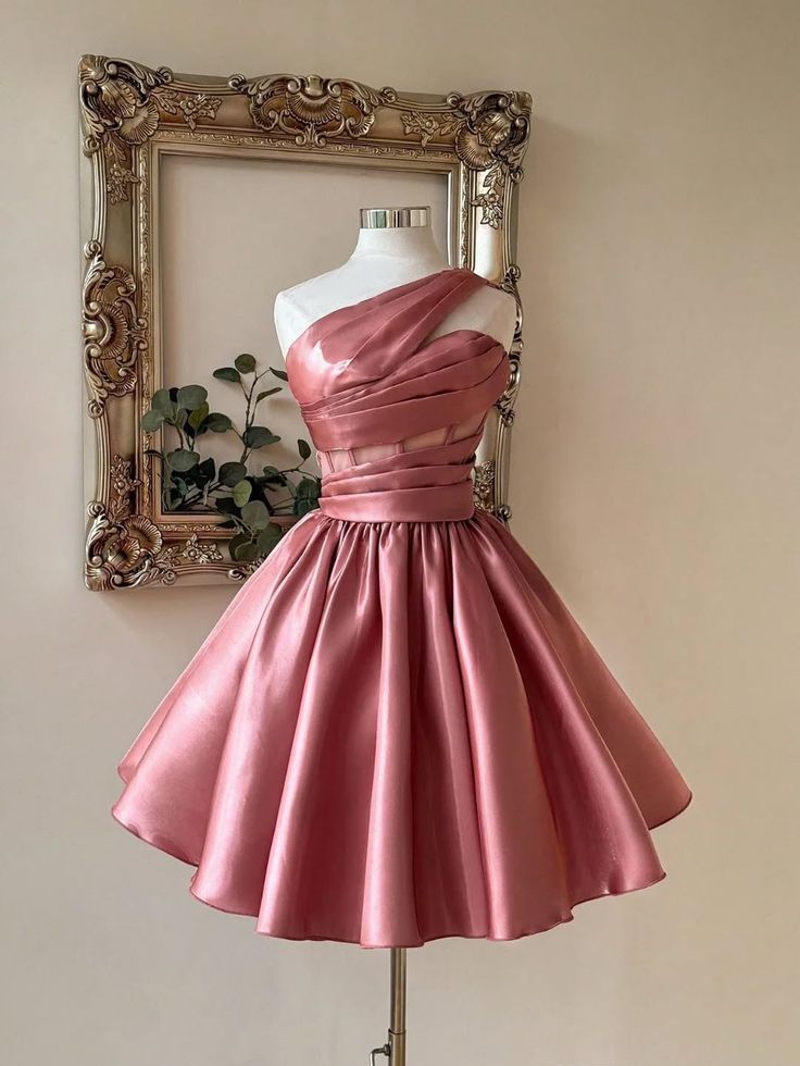 Pretty Cocktail Dresses Ball Gown One Shoulder Coral Pink Satin Short Mini Birthday Homecoming Dress MP627