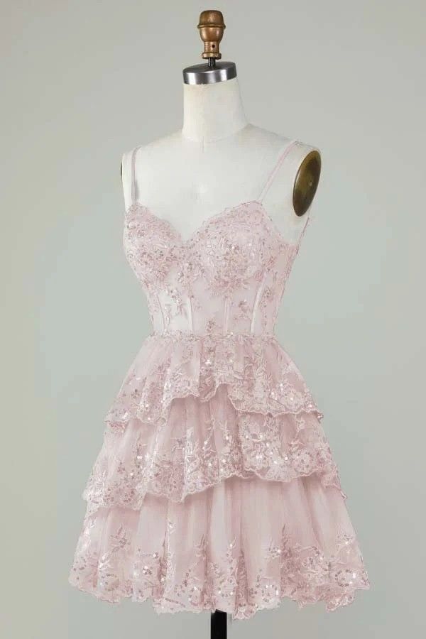 Glamouröses A-Linien-Spaghettiträger-Heimkehrkleid aus pinker Spitze, Minikleid, Hoco-Kleid, Party-Abschlussball-Outfit MP1218