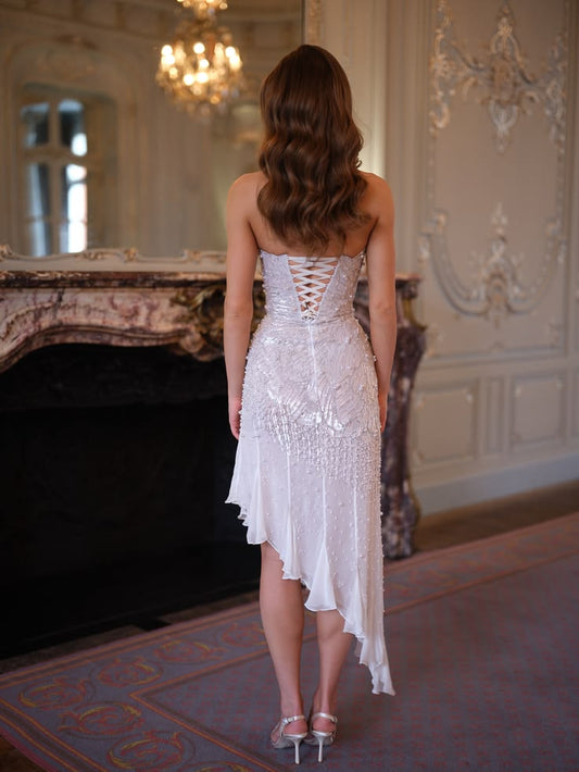 Glamorous Mermaid Strapless White Chiffon Sequined With Beading Sleeveless Prom Dresses MP665