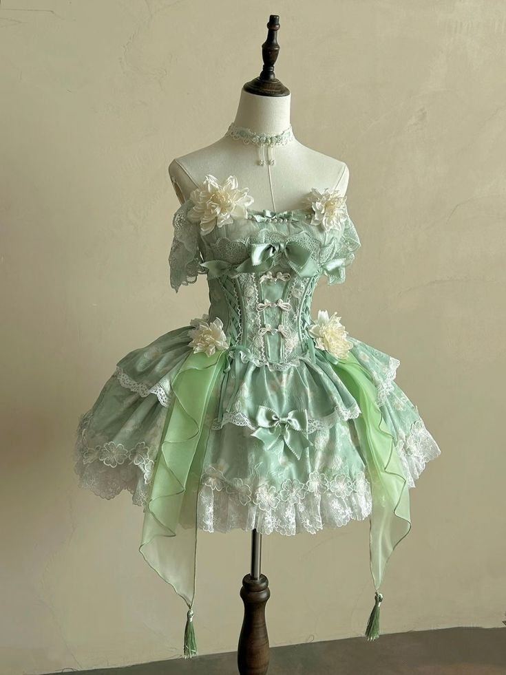 Cute Homecoming Dresses Strapless Green Ball Gowns Lace Lolita Dress Hoco Party Graduation Outfits MP1148