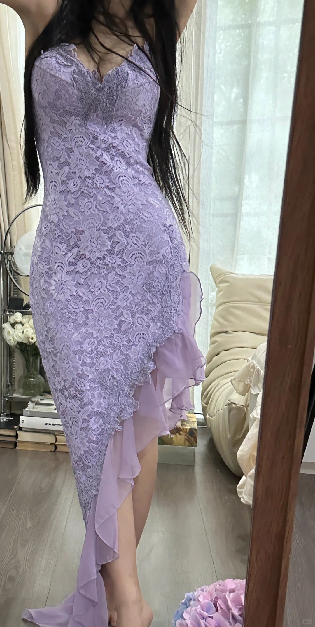 Sexy Meerjungfrau Spaghettiträger Lila Spitze Unregelmäßiges Ärmelloses Abendkleid Ballkleid MP1103