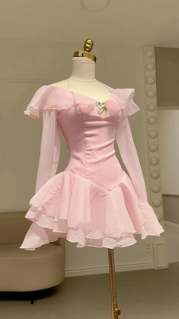 Unique Sheath Off The Shoulder Pink Chiffon With Long Sleeves Mini Short Court Homecoming Dresses Hoco Gown MP1385