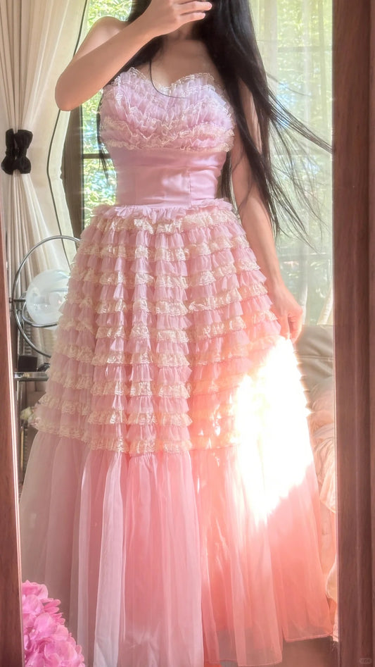 Vintage Ball Gown Sweetheart Pink Tulle 1950s Formal Gown Evening Night Prom Dresses MP1055