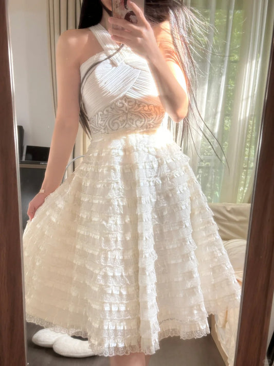 Sexy Homecoming Kleider Ballkleid Neckholder Weiße Spitze Cocktail Abschlussparty Outfits MP1128