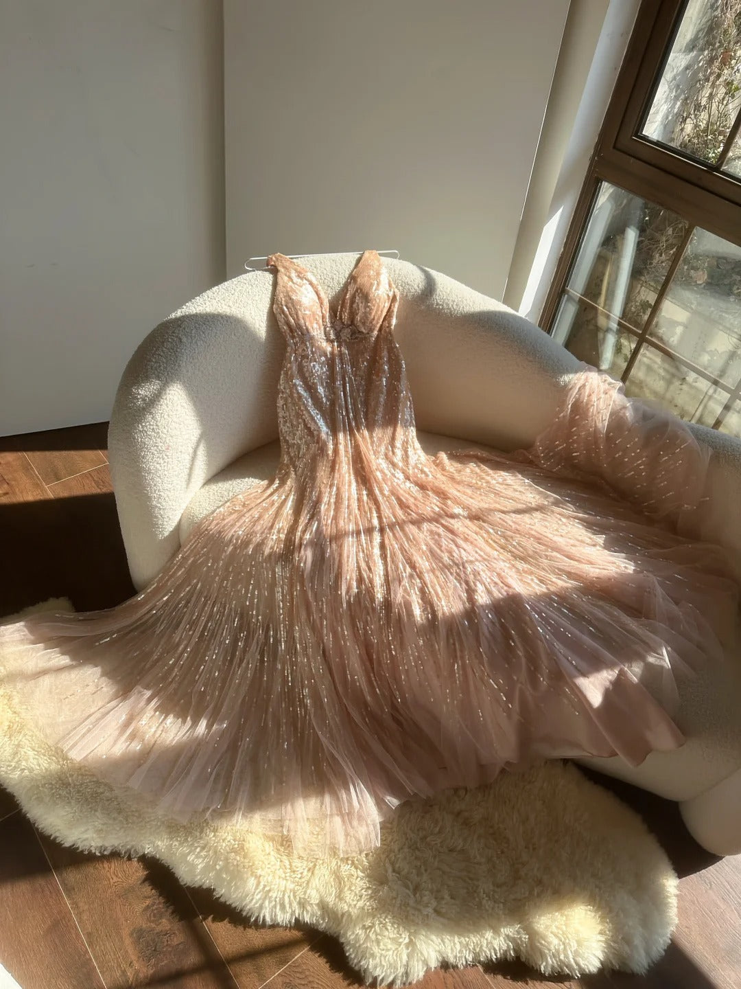 Sparkly Mermaid V Neck Blush Pink Sequin With Beading Formal Gown Long Evening Night Prom Dresses MP1031