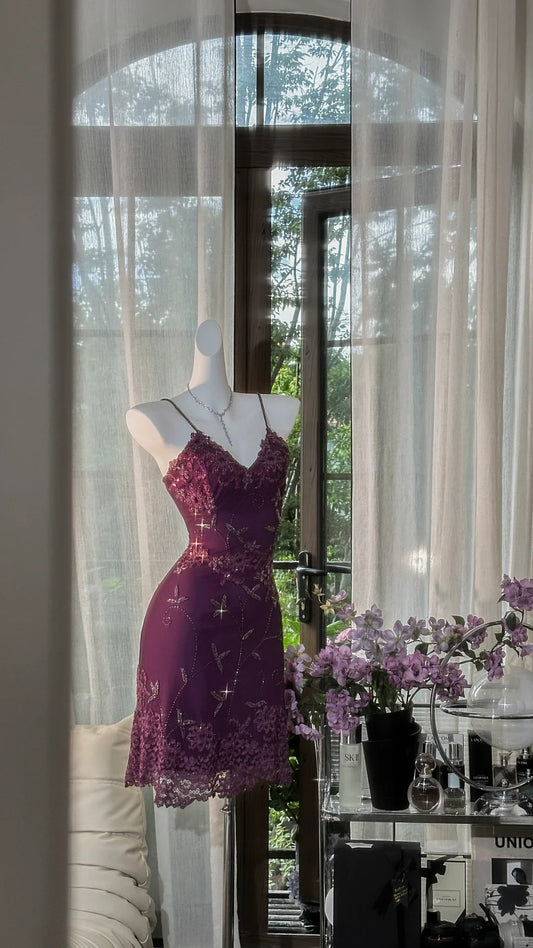 Grape Homecoming Dresses Sheath Lace Beaded Crystals Short Party Graduation Outfits MP977