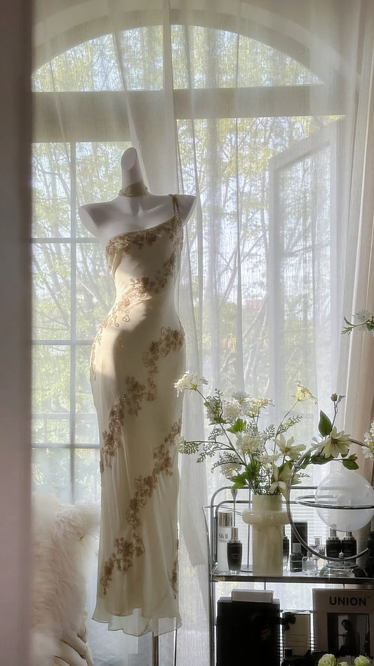 Robe de soirée sirène vintage asymétrique ivoire avec perles, longue robe de bal MP991