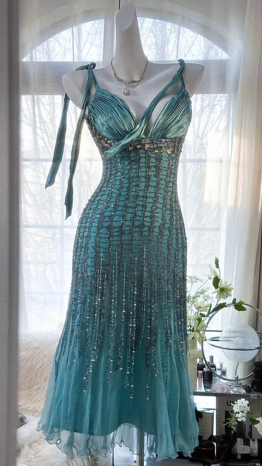 Robe de Soirée Vintage Sirène Bleue à Bretelles Fines avec Perles Argentées, Longueur Midi, Robe de Bal MP988