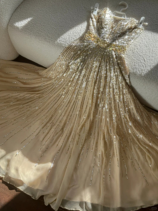 Superbes robes de bal MP1115 longues, de soirée, coupe trapèze, bustier cœur, couleur champagne, avec perles