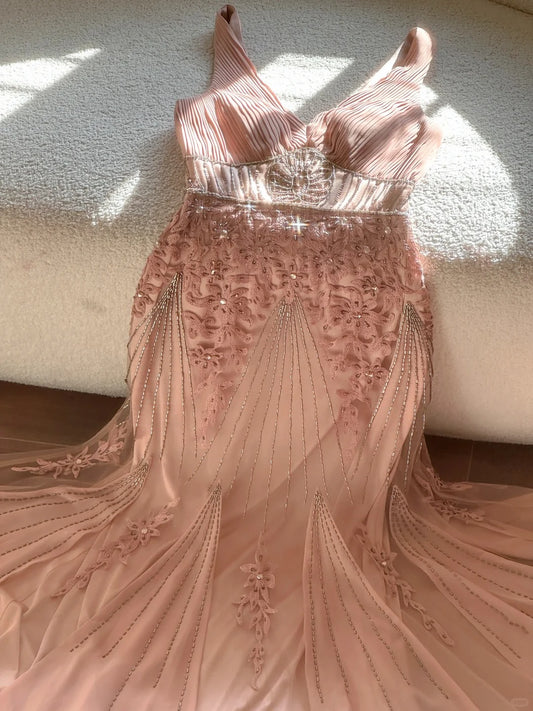 Sparkly Mermaid V Neck Blush Pink Chiffon Sleeveless Gala Pageant Dress Prom Dresses MP1143