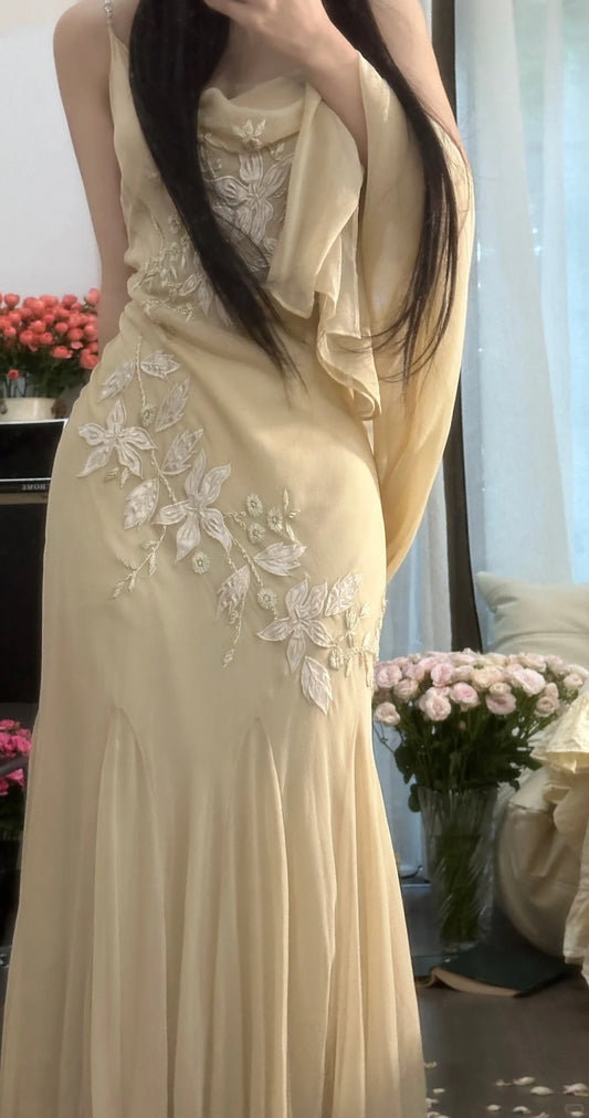 Pretty Mermaid Spaghetti Strap Champagne Chiffon With Scarf Long Sleeveless Formal Gowns Prom Dresses MP1123