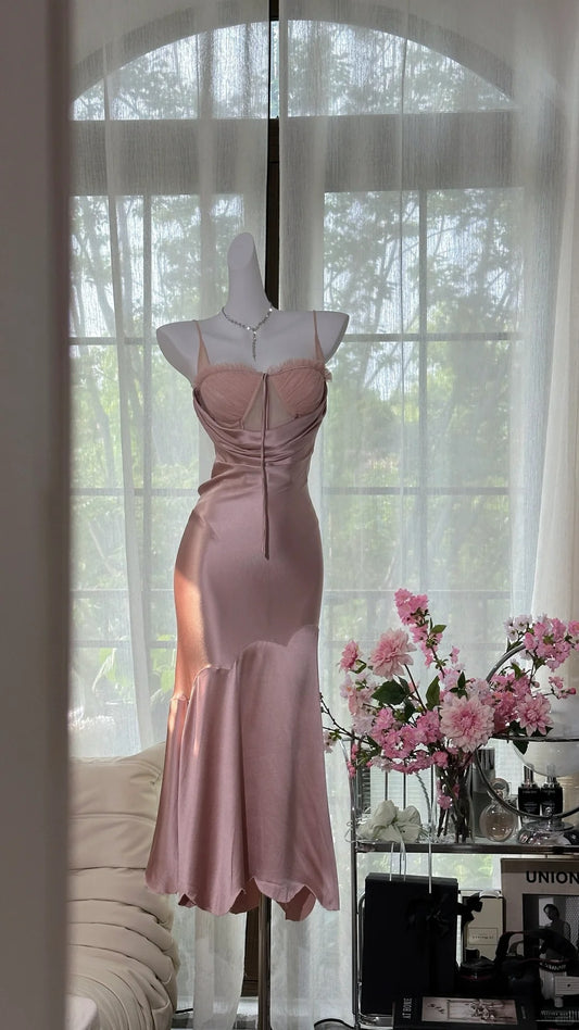 Classy Mermaid Spaghetti Strap Pink Satin Sleeveless Tea Length Prom Dresses MP974