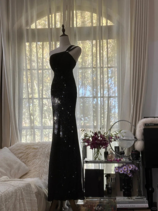 Beautiful Mermaid One Shoulder Black Tie Dress Long Formal Outfits Prom Dresses MP1120
