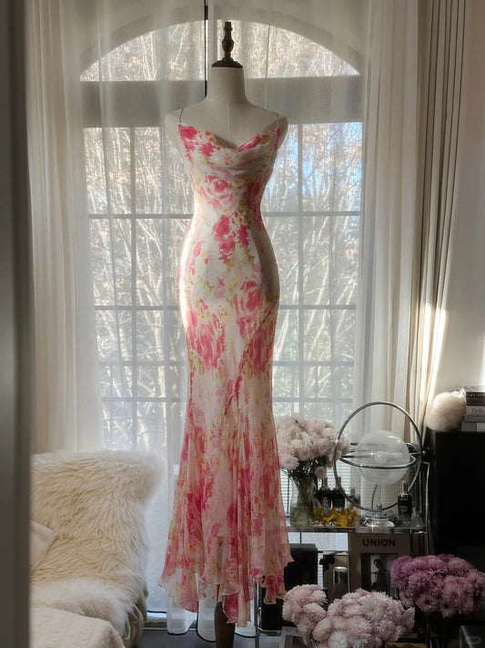 Modest Mermaid Spaghetti Strap Pink Floral Chiffon Long Sleeveless Formal Gown Evening Prom Dresses MP1087