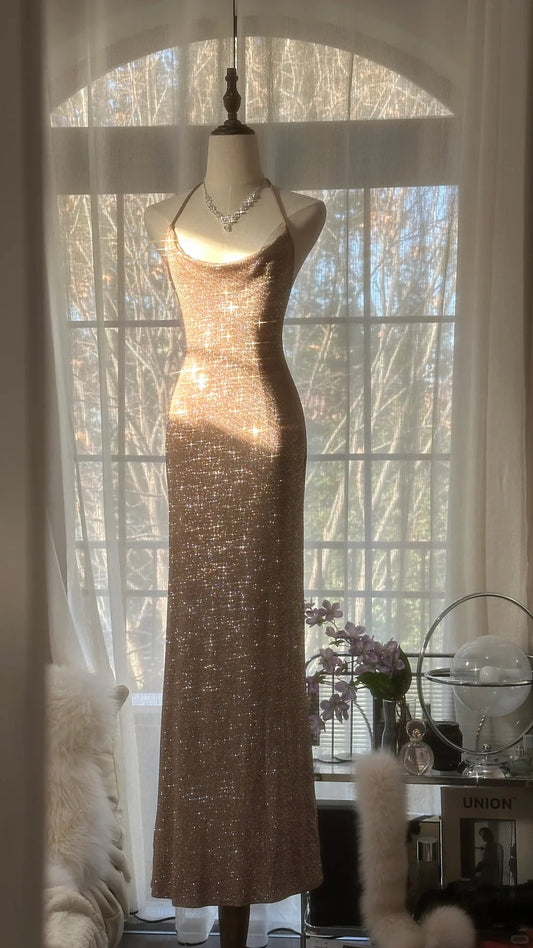 Vintage Mermaid Halter Champagne With Backless Formal Gown Sequin Long Evening Night Prom Dresses MP1015