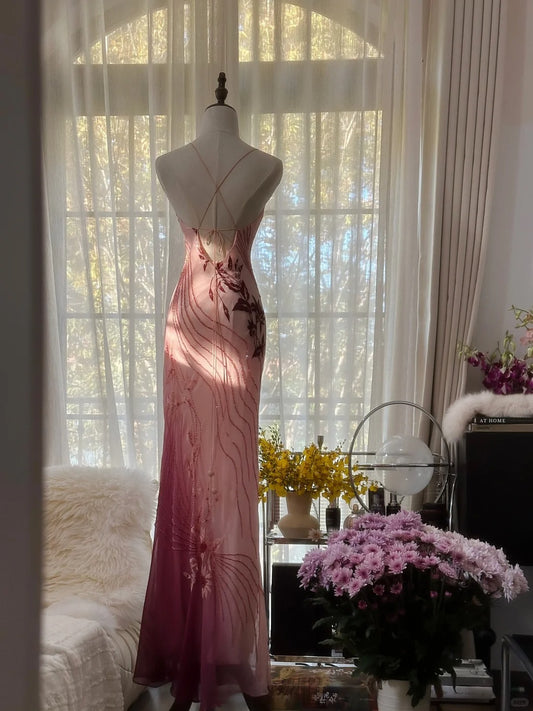 Stylish Mermaid Spaghetti Strap Gradient Pink Color Chiffon Sleeveless Formal Outfits Long Prom Dresses M5P1107