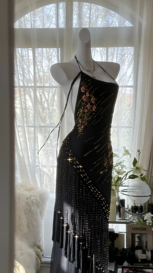 Robe longue de soirée sirène vintage à bretelles spaghetti et perles argentées pour bal de promo MP990