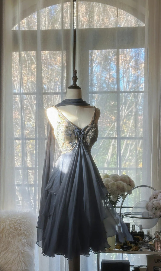 Sexy Homecoming Kleider A Linie Spaghettiträger Staubblau Chiffon Kurze Länge Cocktail Abschlussball Outfits MP1104
