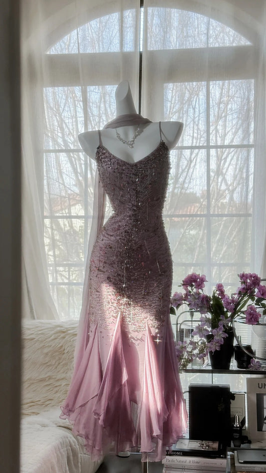 Robe de soirée asymétrique sirène vintage en mousseline lilas avec fines bretelles, pour bal de fin d'année et soirées habillées MP1046