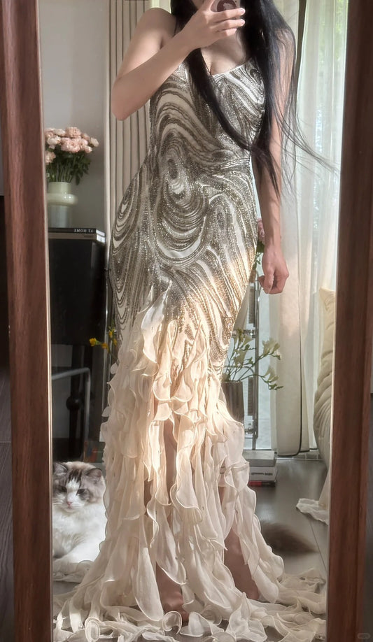 Pretty Mermaid Spaghetti Strap Champagne Chiffon With Beading Layers Long Sleeveless Evening Gala Gowns Prom Dresses MP1141