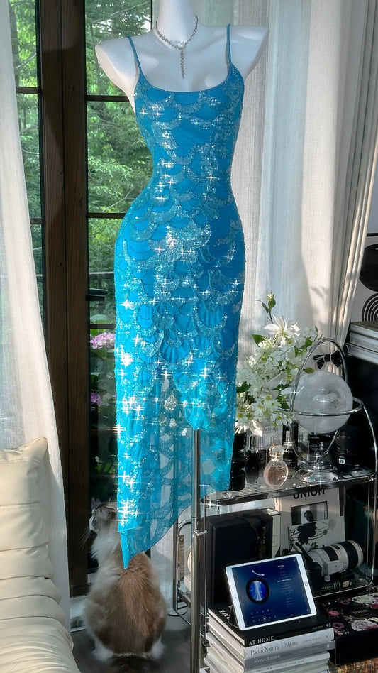 Classy Mermaid Spaghetti Strap Blue Sequin Evening Night Gown Sleeveless Prom Dresses MP976