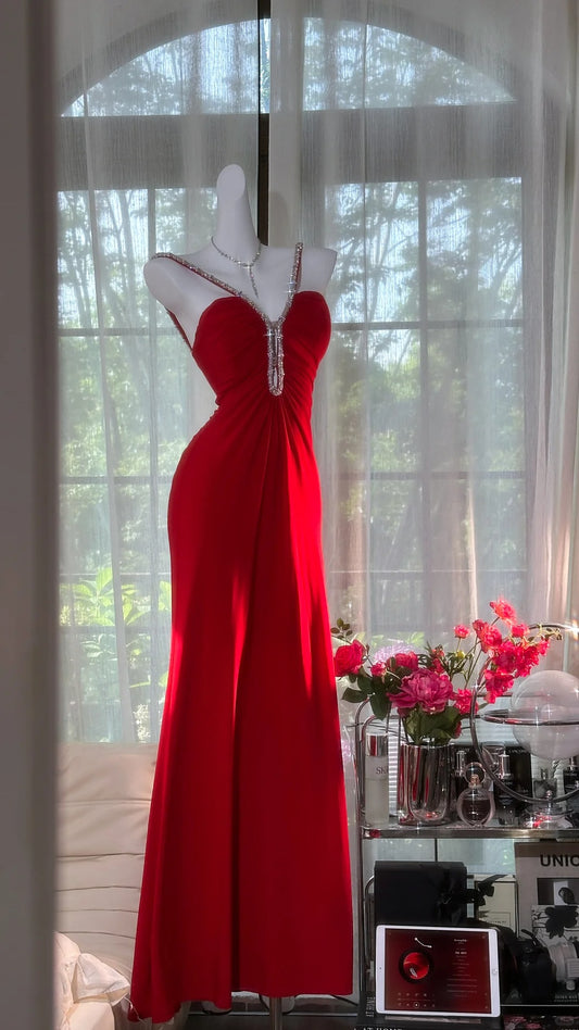 Elegante Meerjungfrauen-Neckholder aus rotem Chiffon mit Perlen, ärmellos, bodenlang, Ballkleider MP957