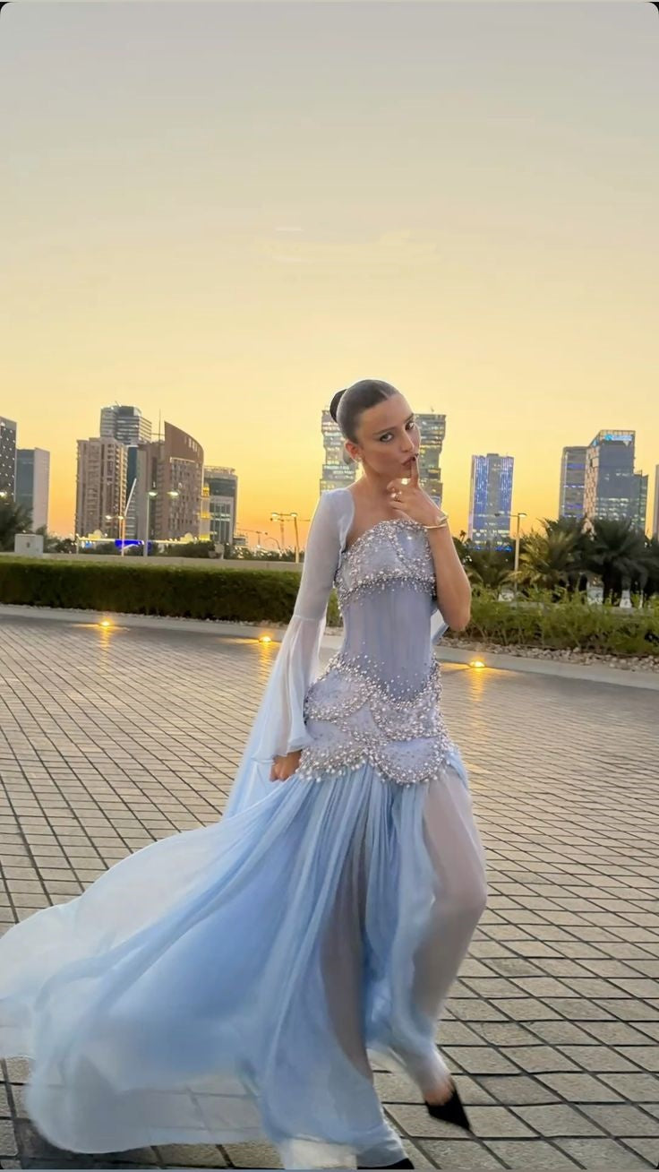 Sexy Sheath Strapless Blue With Cape Long Chiffon Prom Dresses Women Party Gowns MP567