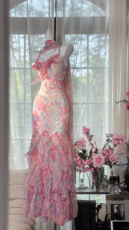 Classy Mermaid Spaghetti Strap Pink Floral With Scarf Chiffon Sleeveless Floor Length Prom Dresses MP973