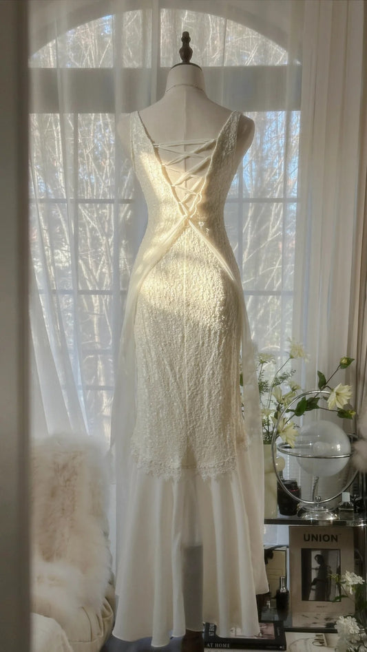 Simple Mermaid V Neck White Chiffon With Lace Formal Gown Long Evening Night Prom Dresses MP1025