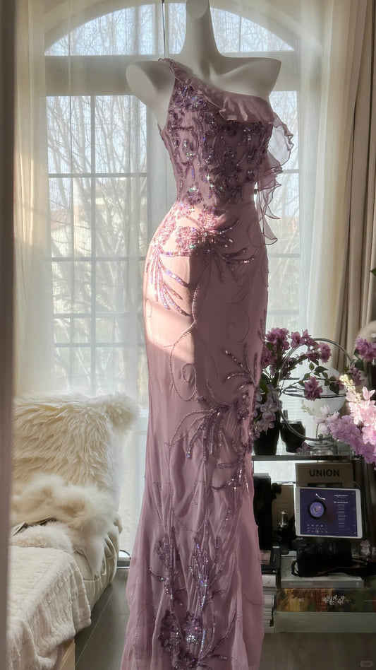 Modest Mermaid One Shoulder Lilac Crystals Chiffon Long Evening Night Gown Sleeveless Prom Dresses MP1005
