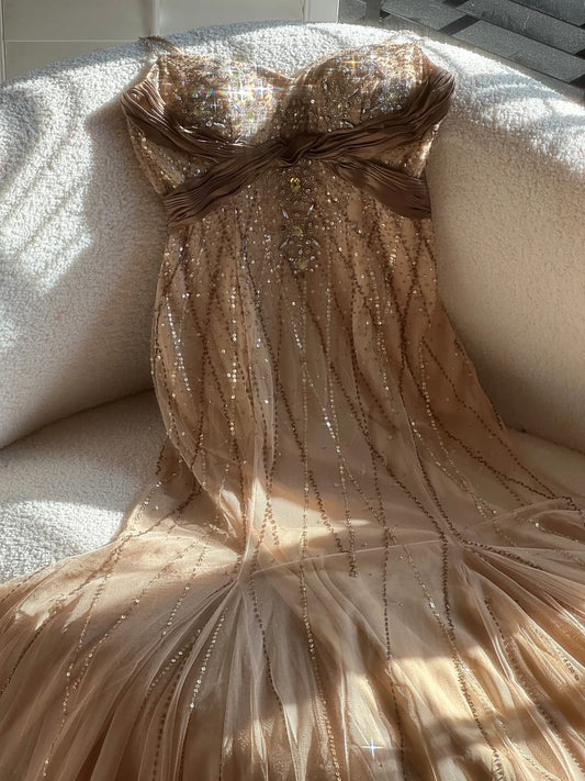 Stylish Mermaid Spaghetti Strap Champagne Tulle Sleeveless Formal Outfits Long Prom Dresses M5P1108