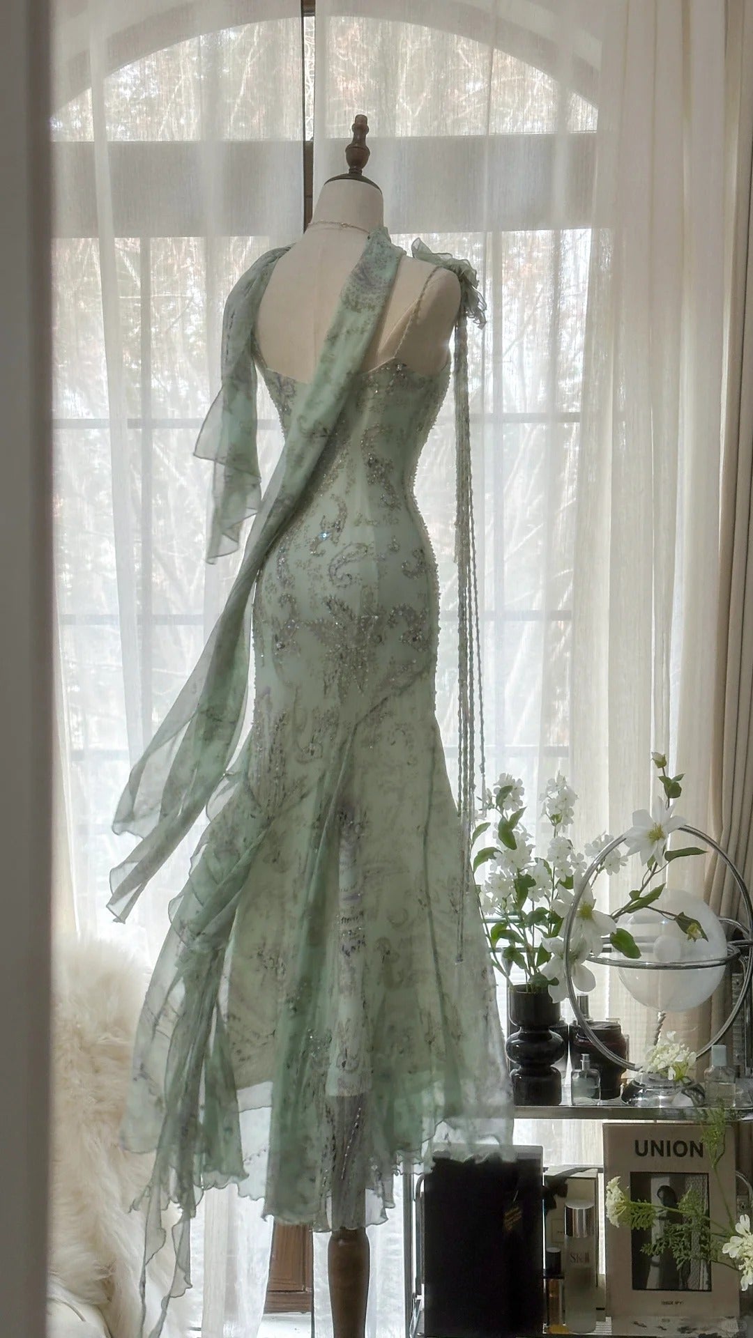 Sparkly Mermaid Spaghetti Strap Mint Green Chiffon With Beading Formal Gown Long Evening Night Prom Dresses MP1034