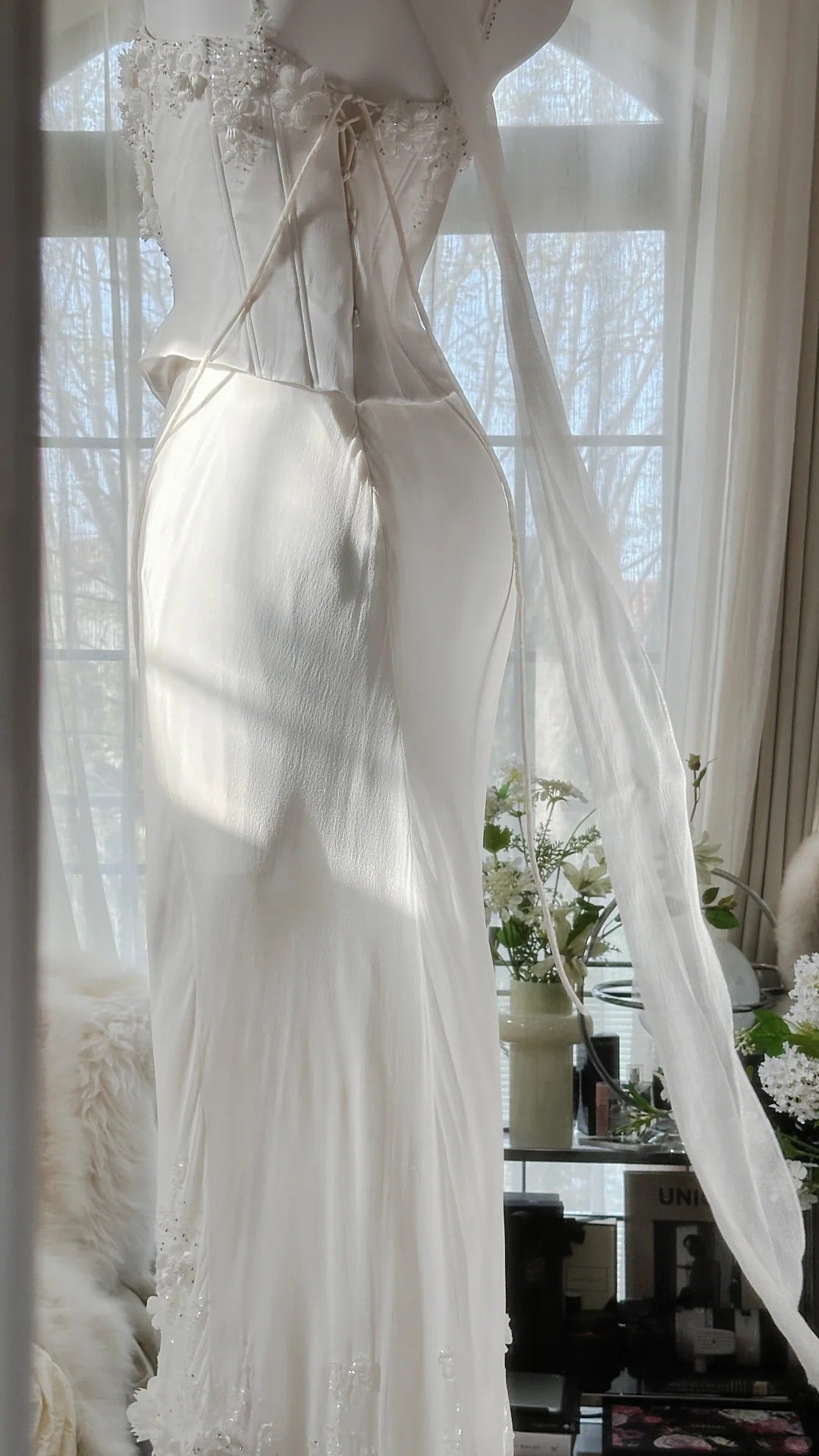Modest Mermaid Spaghetti Strap White Floral Chiffon Long Evening Night Gown Sleeveless Prom Dresses MP1002