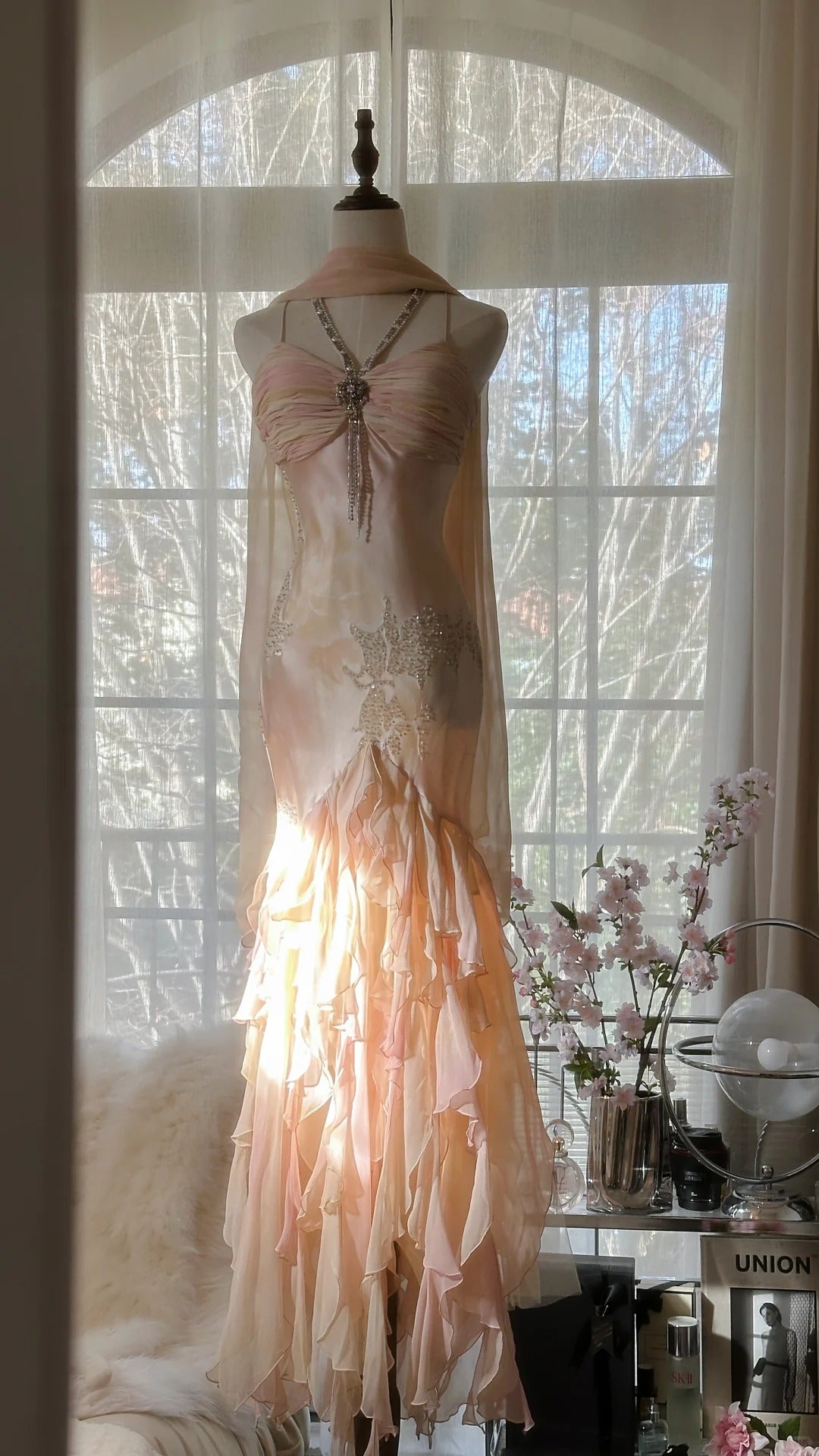 Modest Mermaid Spaghetti Strap Blush Pink Chiffon With Beading Formal Gown Floor Length Evening Night Prom Dresses MP1040