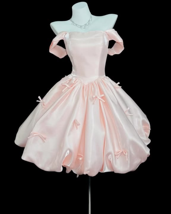 Pretty Cocktail Ball Gown Off The Shoulder Blush Pink Satin With Short Sleeves Formal Birthday Outfits Homecoming Dresses MP704