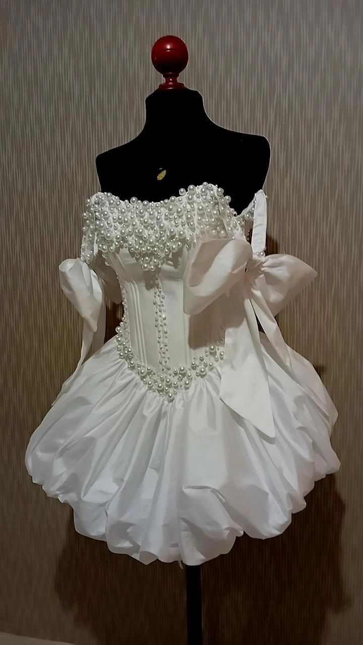 Timeless Ball Gown Off The Shoulder White Satin Short With Pearls Bridal Gowns Wedding Dresses MP1424