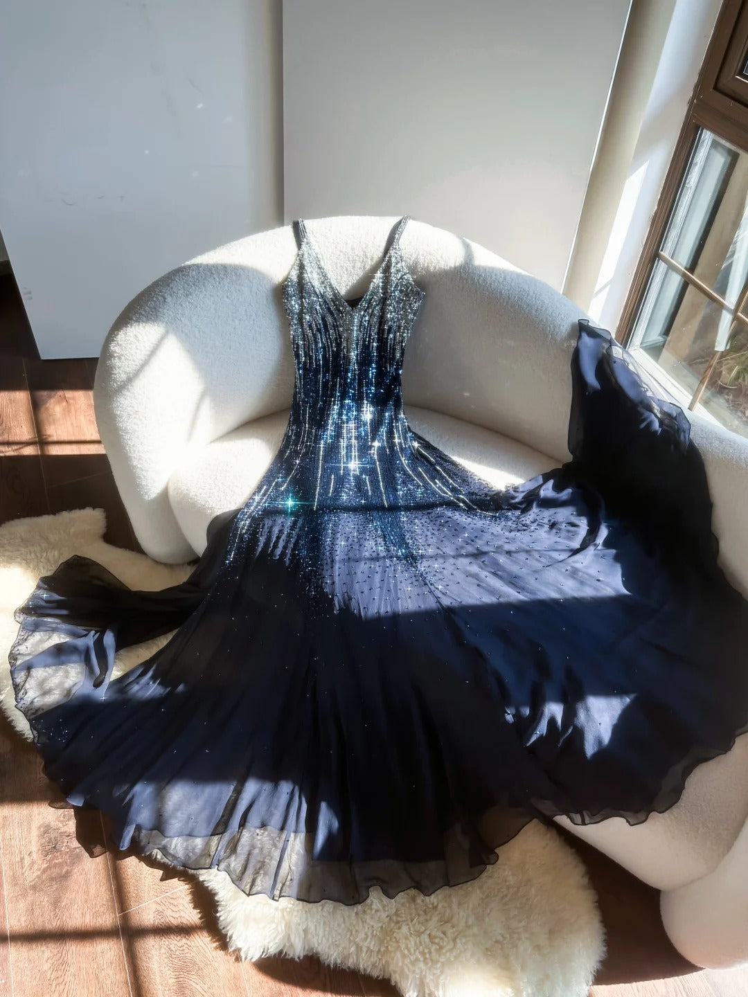Sparkly A line V Neck Navy Blue Chiffon Sequin With Beading Formal Gown Long Evening Night Prom Dresses MP1032