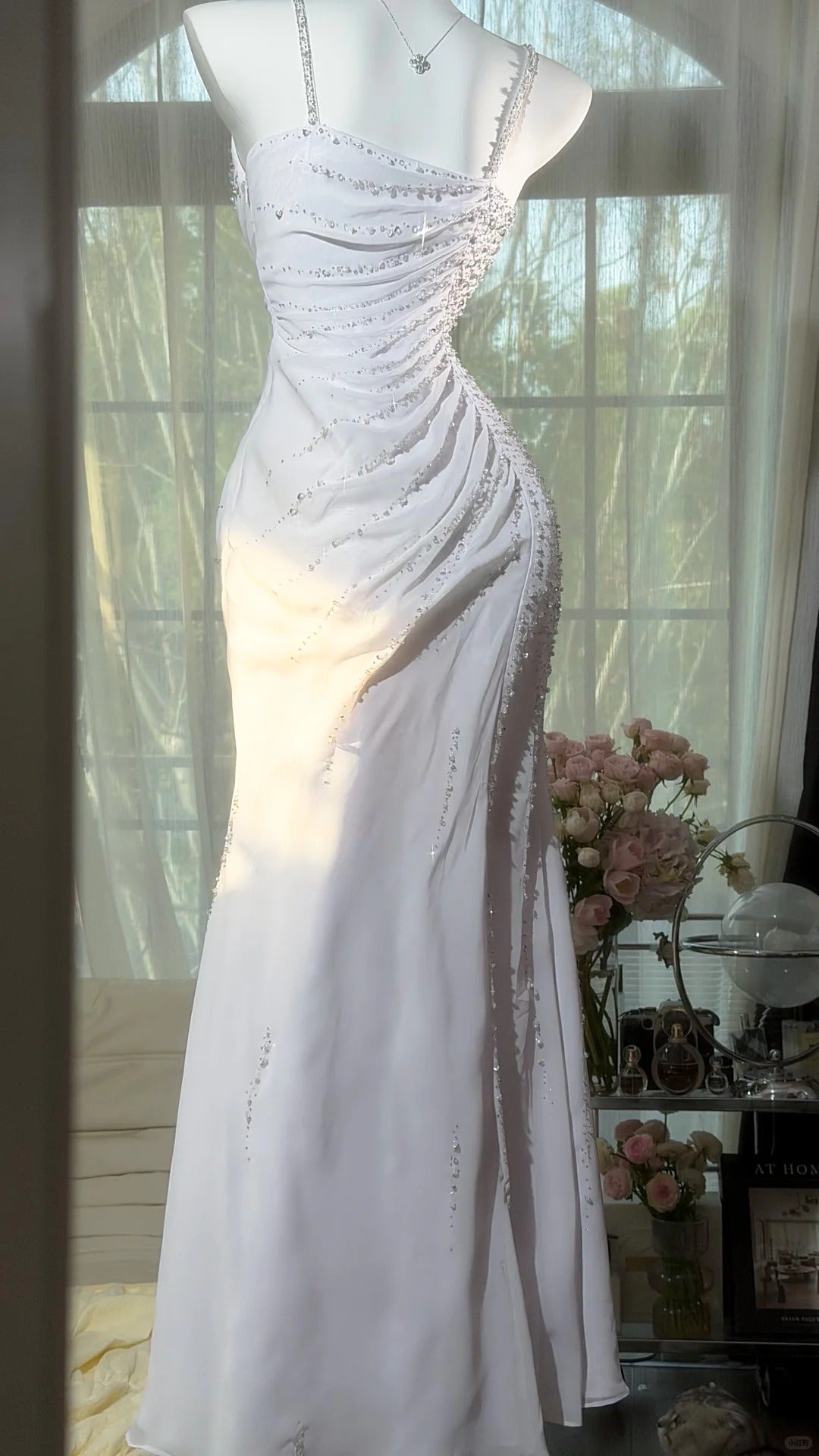 Modest Mermaid Spaghetti Strap White Chiffon With Beading Formal Gown Floor Length Evening Night Prom Dresses MP1044