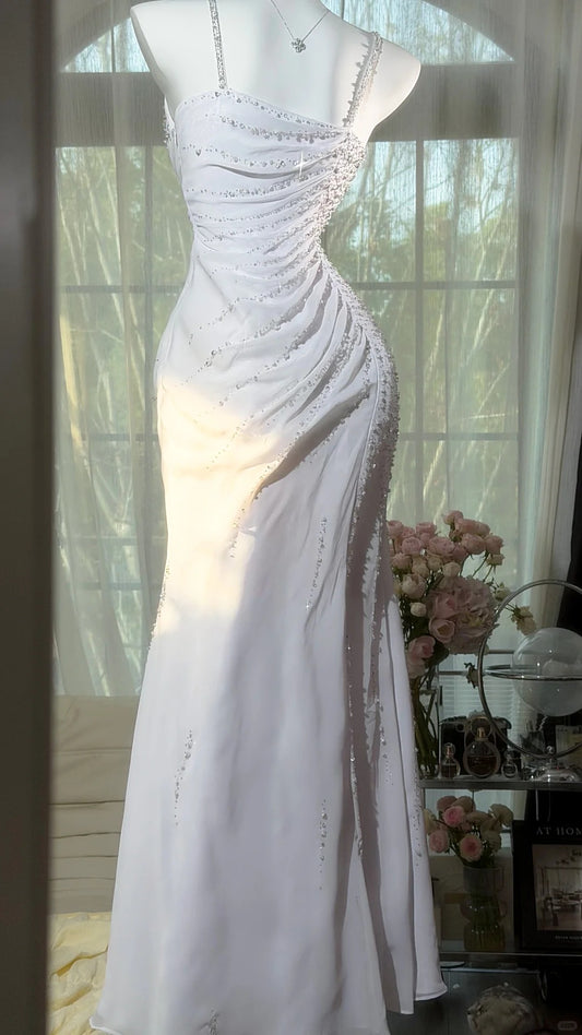 Modest Mermaid Spaghetti Strap White Chiffon With Beading Formal Gown Floor Length Evening Night Prom Dresses MP1044