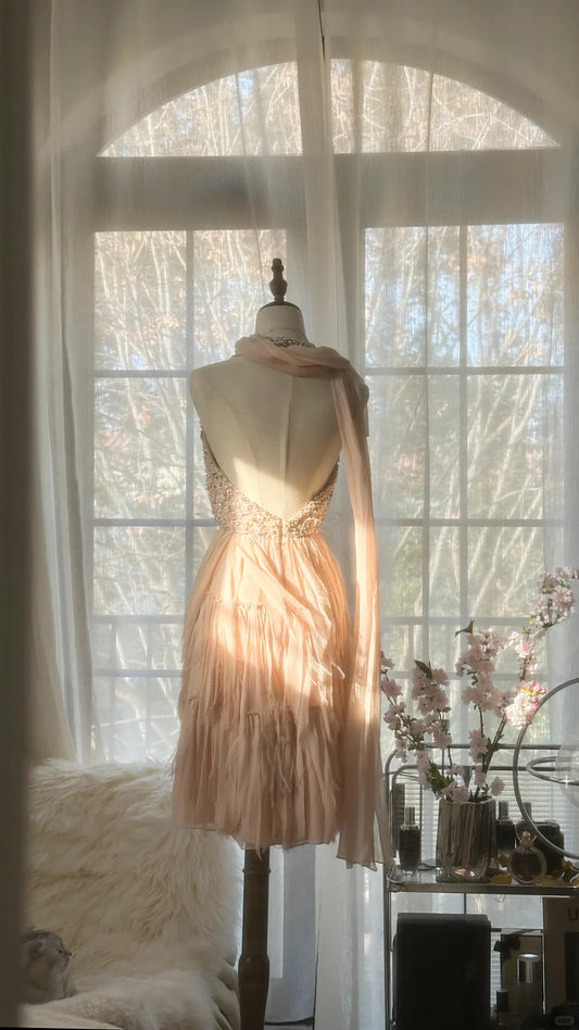 Modest A line V Neck Blush Pink Chiffon With Beading Evening Night Gown Knee Length Prom Dresses MP1037