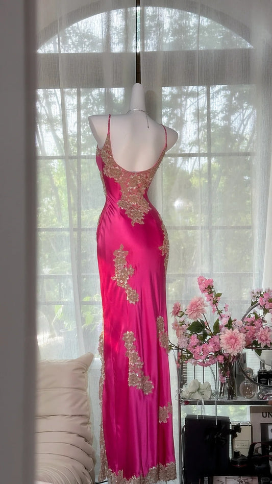 Classy Mermaid Spaghetti Strap Hot Pink With Beaded Lace Sleeveless Floor Length Prom Dresses MP967