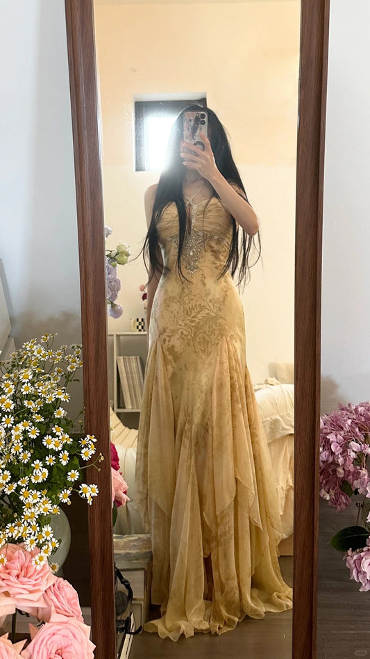 Sexy Mermaid Champagne Chiffon Floor length Sleeveless Formal Outfit Prom Dresses MP1101