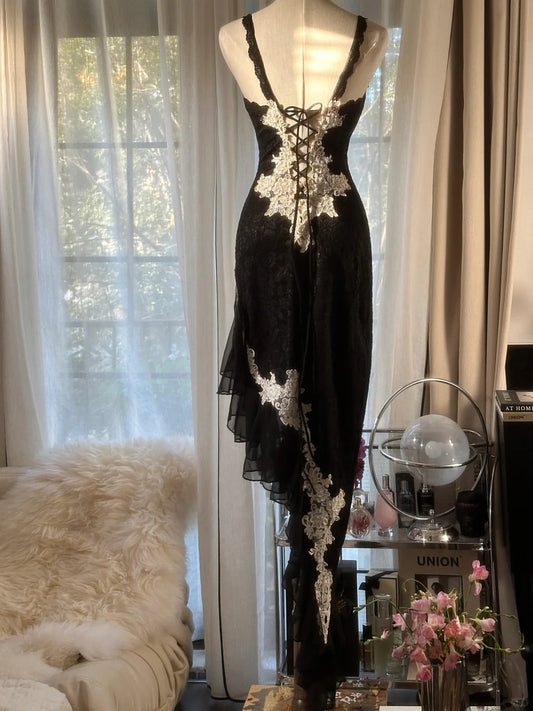 Meilleure Robe de Soirée Sirène Noire en Mousseline de Soie avec Bretelles Fines, Corset Irrégulier et Coupe Ajustée pour Bal de Promo MP1114