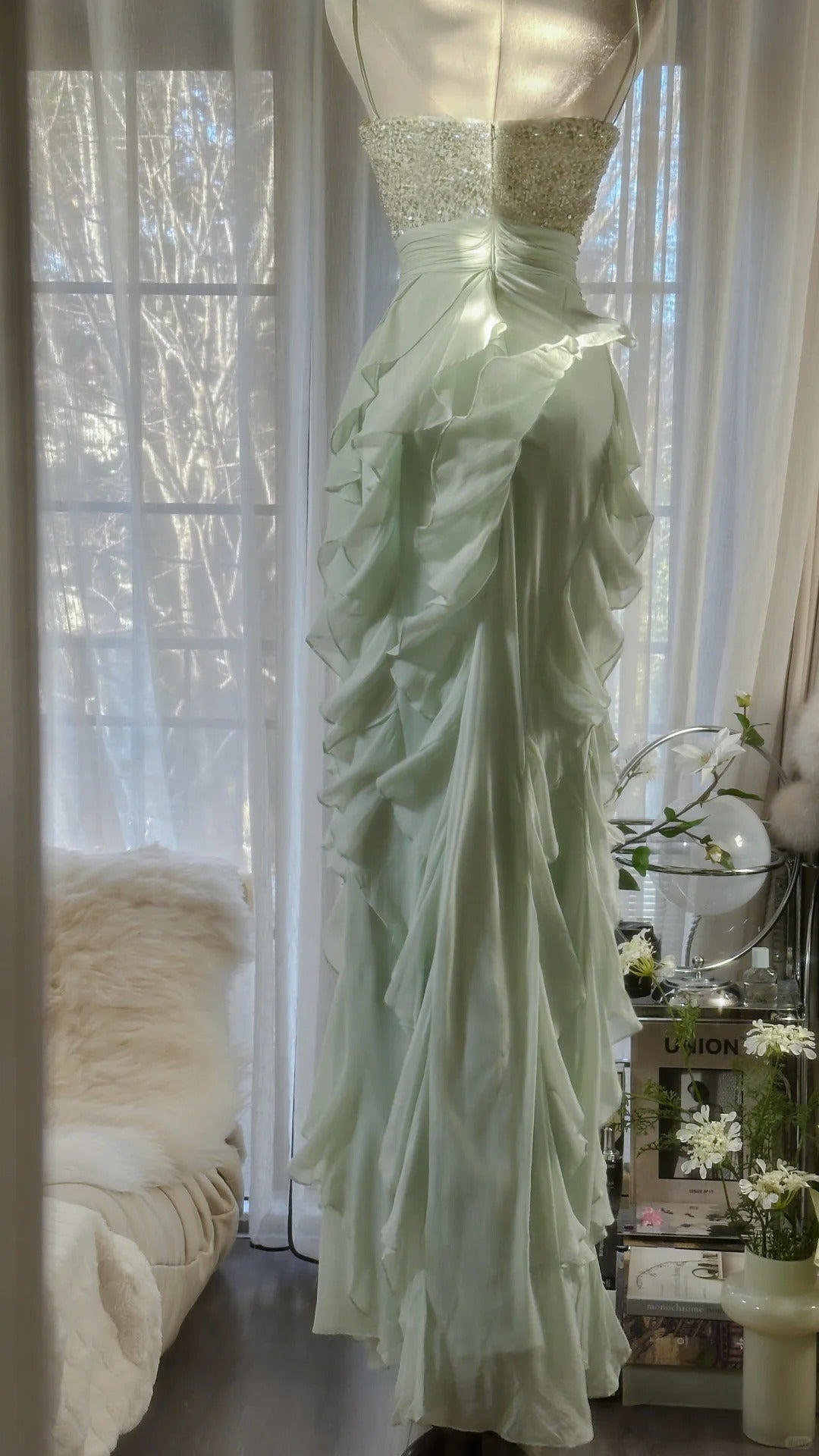 Bescheidenes A-Linien Spaghettiträger Mintgrün Chiffon Lagen Abendkleid Ärmellos Langes Ballkleid MP1030
