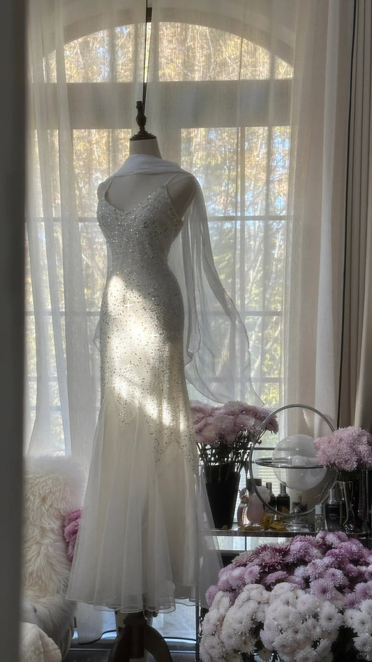 Robe de soirée longue sirène vintage en tulle blanc à fines bretelles avec écharpe Tenues de soirée Robes de bal MP1082