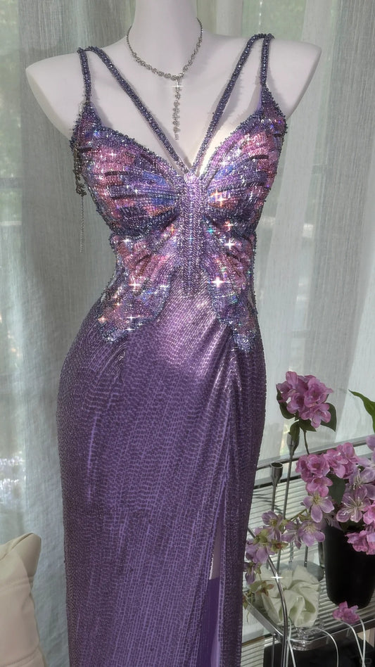 Classy Mermaid Spaghetti Strap Grape Sequin Evening Night Gown Sleeveless Prom Dresses MP978
