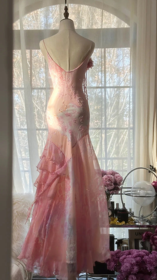 Sexy Mermaid Spaghetti Strap Pink Floral Chiffon Floor length Sleeveless Formal Outfit Prom Dresses MP1102