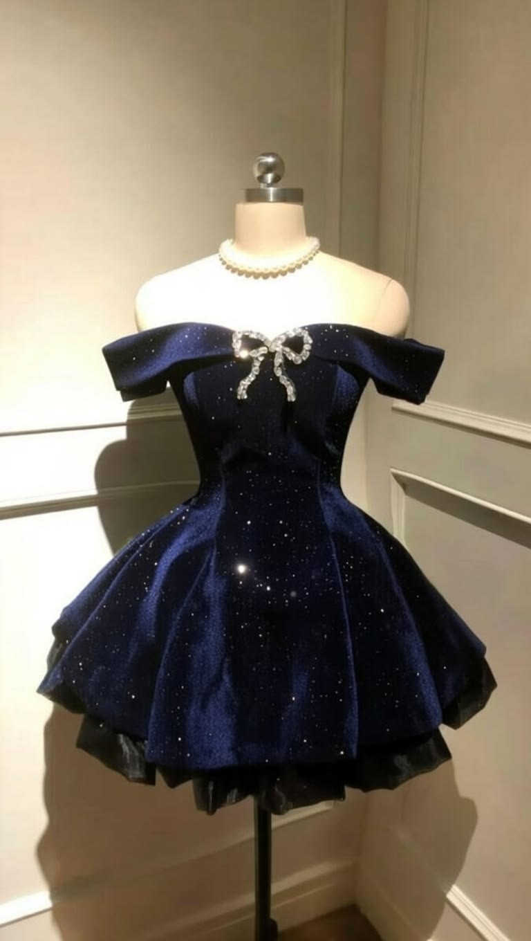 Robe de soirée élégante bleu marine, épaules dénudées, robe de bal de fin d'année, mini robe de cocktail, robe de remise de diplôme, tenues de graduation MP1247