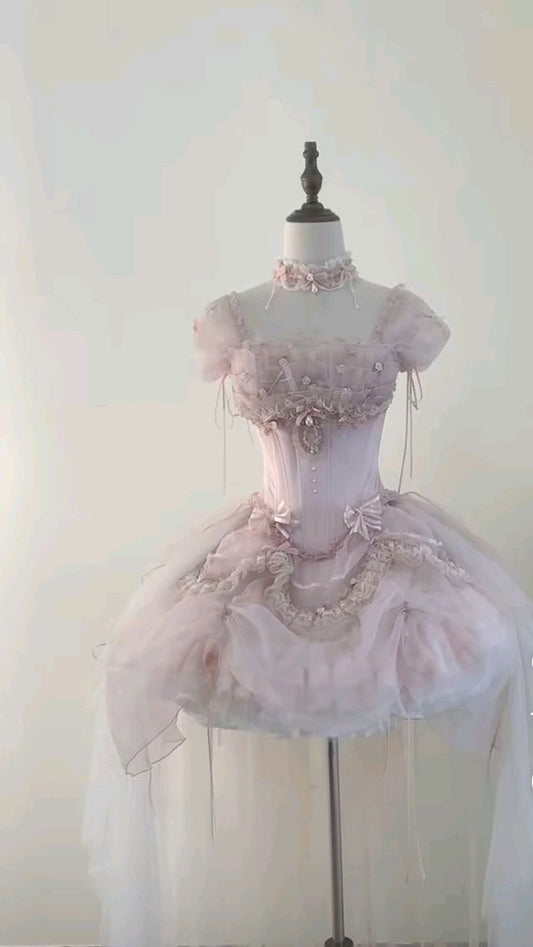 Einzigartiges Ballkleid, eckiger Ausschnitt, rosa Blumenmuster, Tüll, Lolita-Kleid, Mini, kurz, Hof, Homecoming-Kleider, Hoco-Kleid MP1336